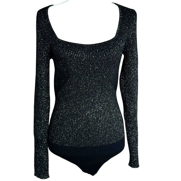 ABERCROMBIE & FITCH Large Black Silver Metallic Long Sleeve Ribbed Knit Bodysuit - Picture 1 of 10